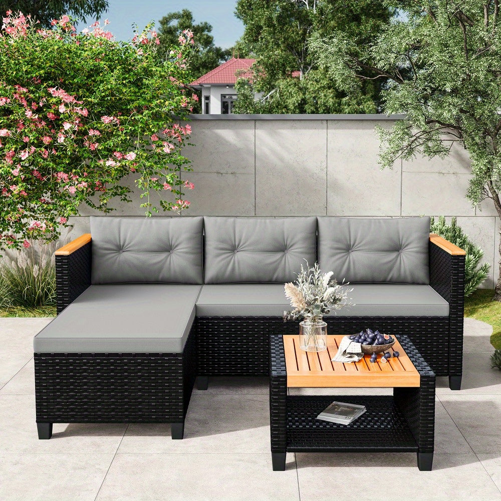 RoyalCraft 3pcs Outdoor Patio Furniture Set - L-Shaped Sectional with Storage Table & Cushions