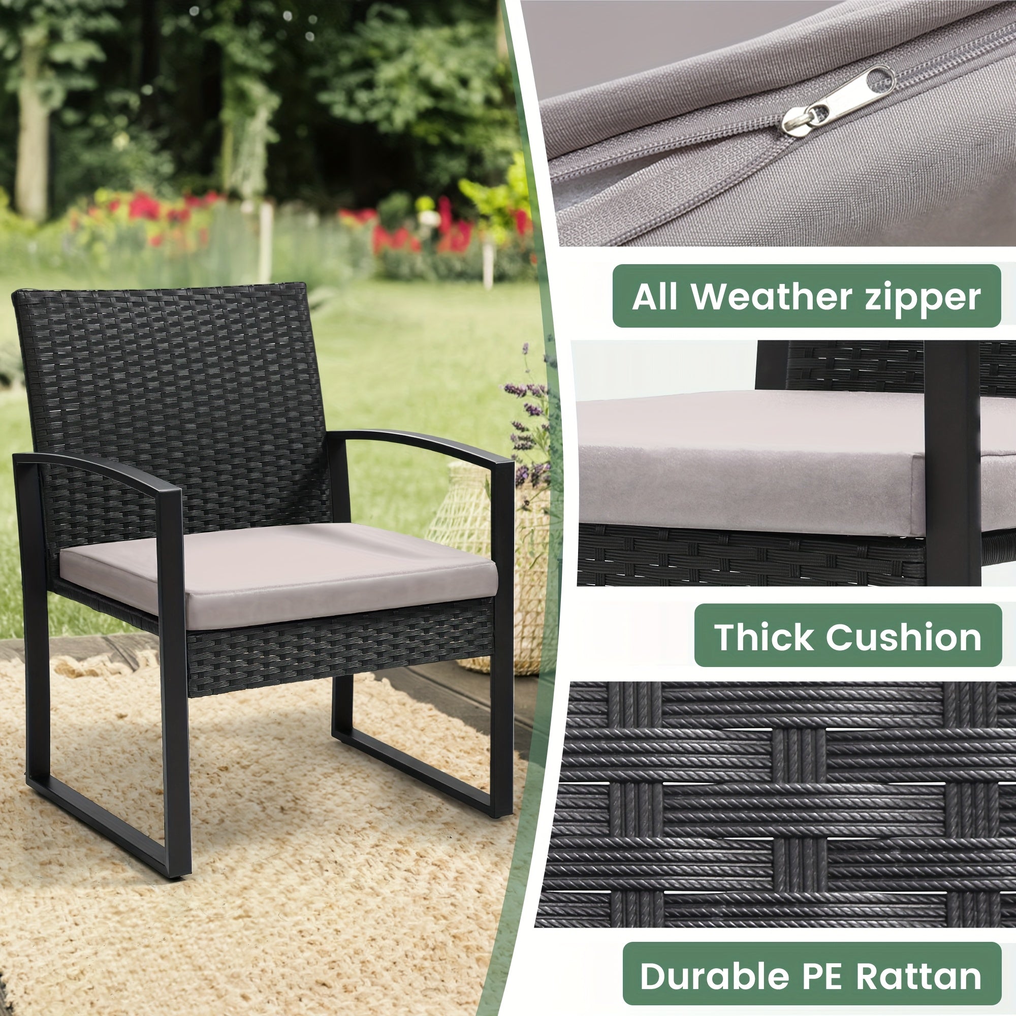 Outdoor Patio Furniture Set, Wicker for 3 People Conversation Set Includes 2 Waterproof Chairs