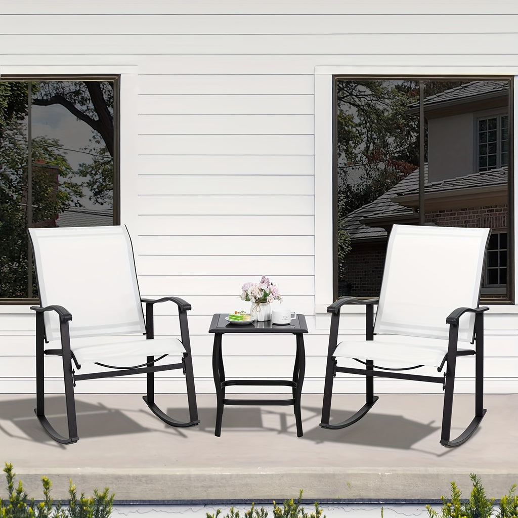 Jamfly 3pcs White Metal Rocking Bistro Set with Glass Coffee Table & Rocker Chairs