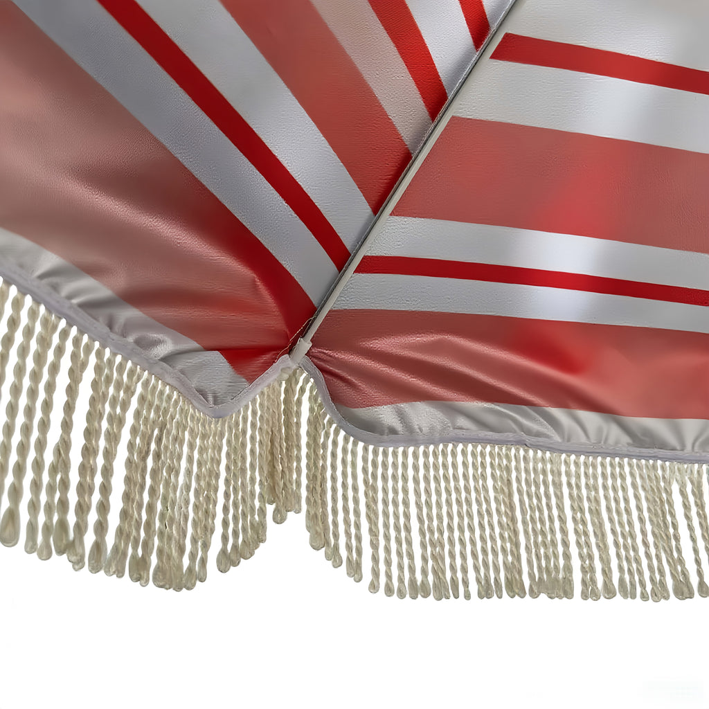 Boho Chic Red & White Striped Tassel Umbrella - Manual Open