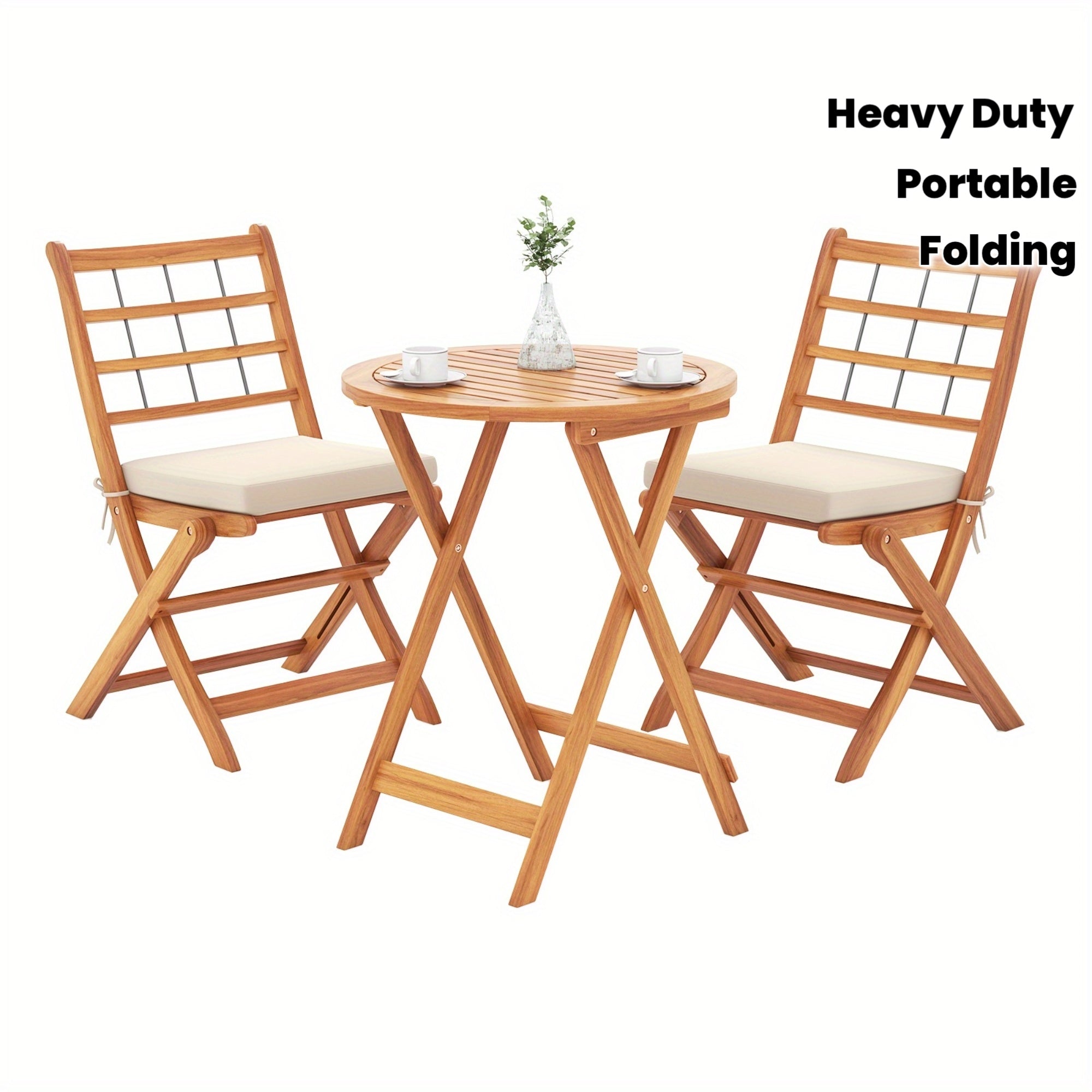 LIFEZEAL 3pcs Acacia Wood Folding Patio Bistro Set with Cushioned Chairs
