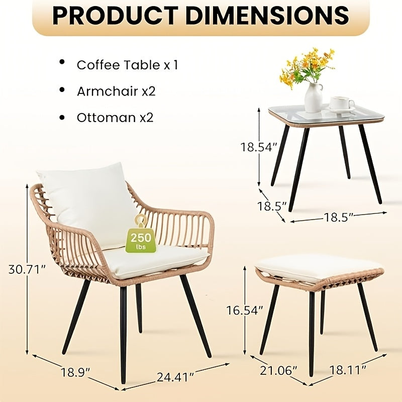 5pcs Outdoor PE Rattan Furniture Set with 2 Footstools And Coffee Table - Weather Resistant Rattan Sofa Set for Garden, Balcony, Backyard (Easy to Assemble), Patio Sofa Set, Balcony Furniture, Sectional Patio Furniture, Backyard Furniture