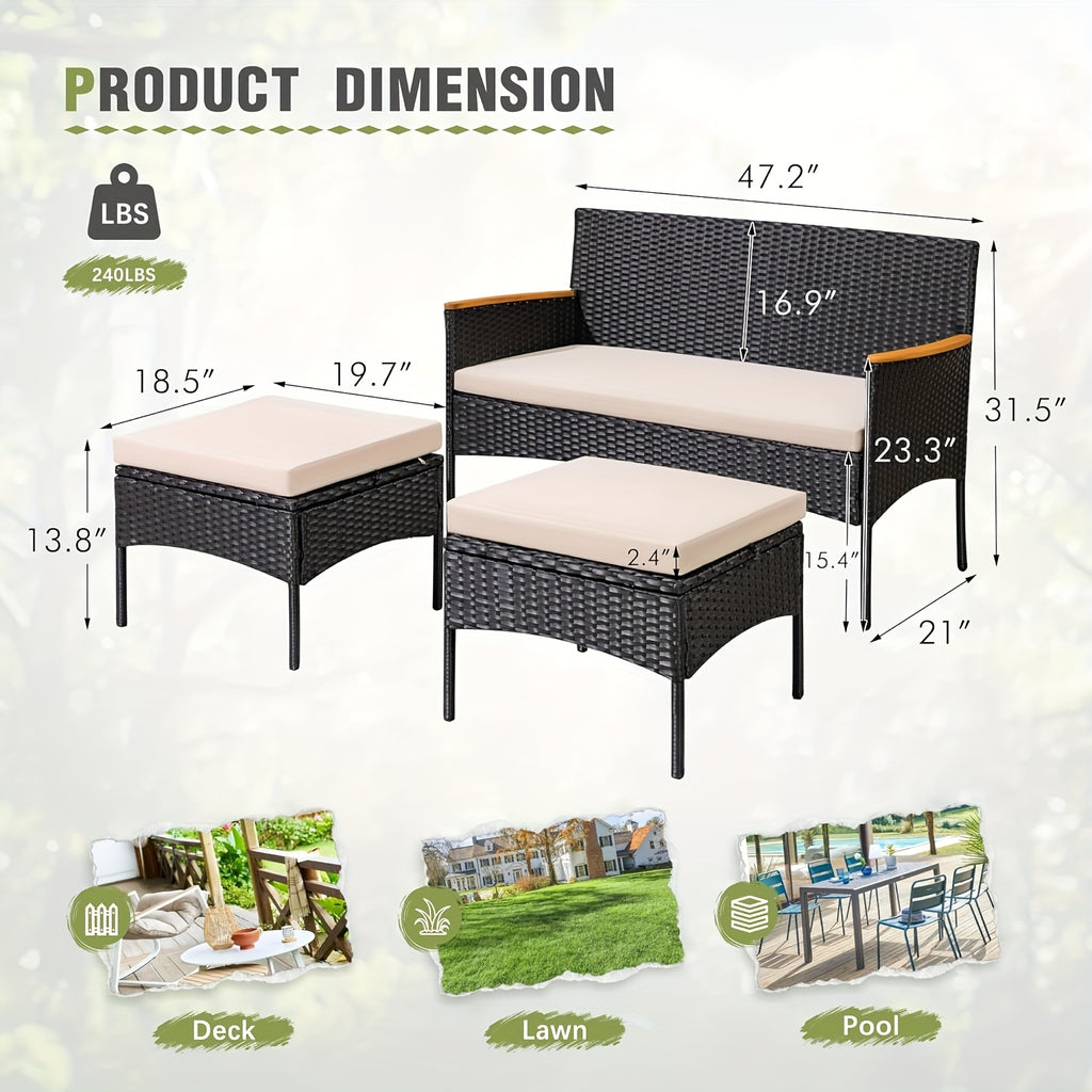 3pcs Outdoor Patio Furniture Set with Cushions - All-Weather Rattan Sofa