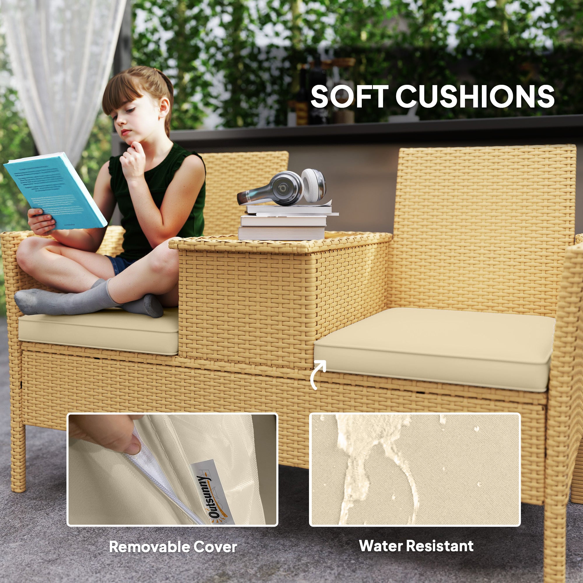 VINSETTO Rattan Patio Loveseat Sofa with Built-in Coffee Table - Khaki Outdoor Lounge Chair Set