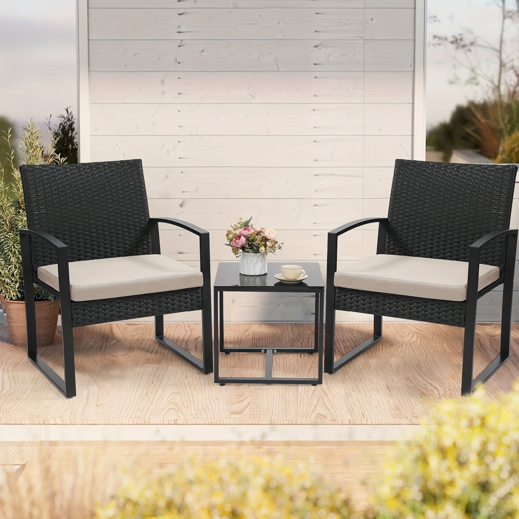 3pcs Outdoor Patio Furniture Set, 2 Waterproof Chairs And 1 Table Bistro Furniture Set