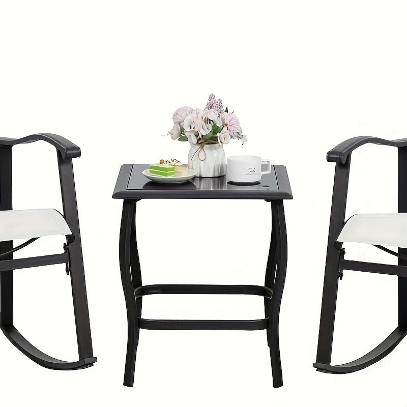 Jamfly 3pcs White Metal Rocking Bistro Set with Glass Coffee Table & Rocker Chairs