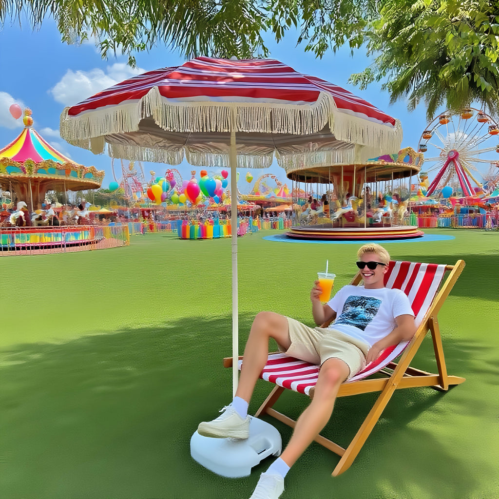 Boho Chic Red & White Striped Tassel Umbrella - Manual Open