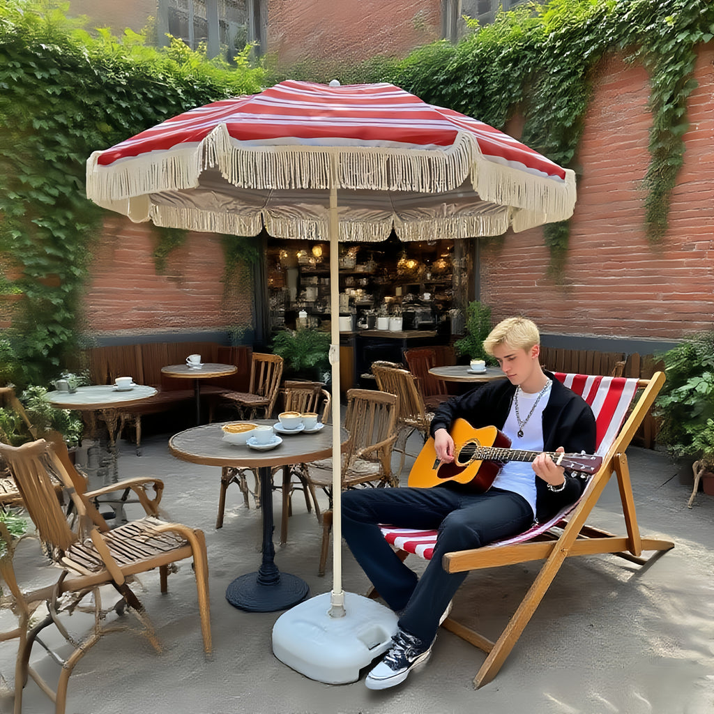 Boho Chic Red & White Striped Tassel Umbrella - Manual Open