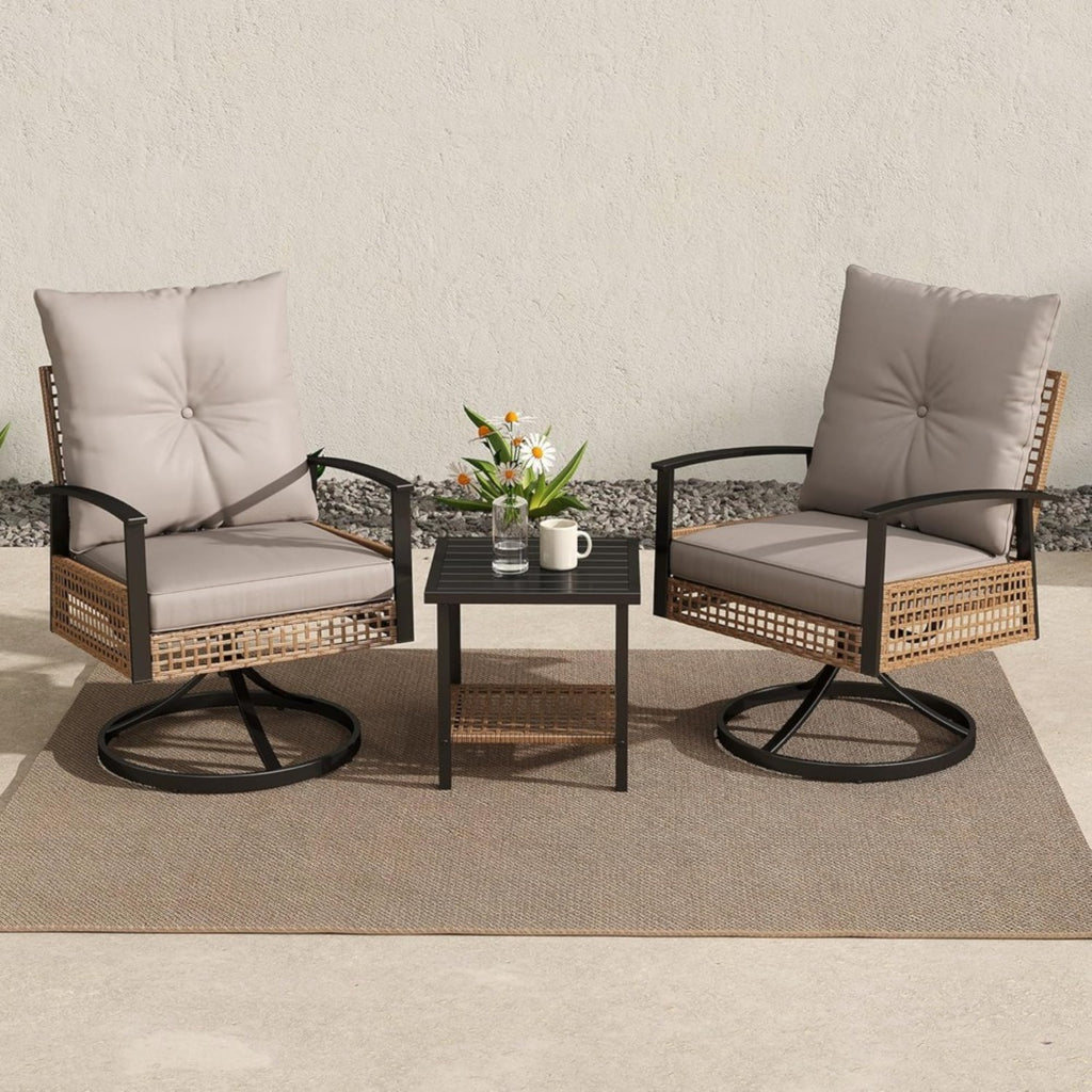 2pcs Outdoor Swivel Chairs with 1 Coffee Table, Set with Armrests