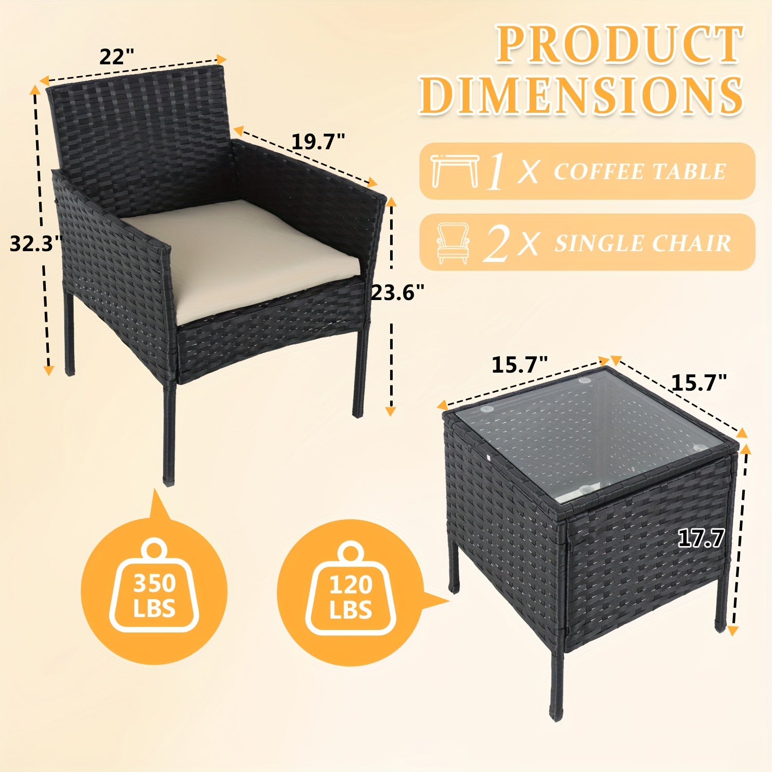 3pcs Outdoor Rattan Bistro Set: 2 Chairs with Cushions & Safety Glass Table for Patio