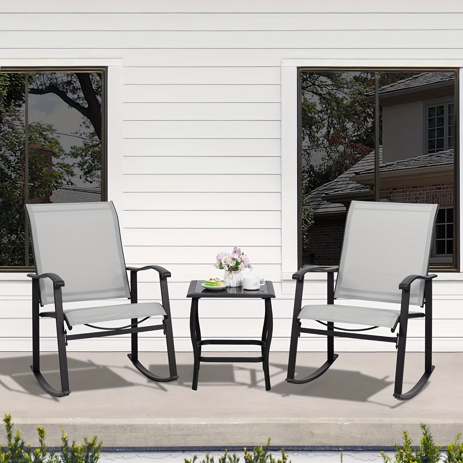 Jamfly 3pcs White Metal Rocking Bistro Set with Glass Coffee Table & Rocker Chairs