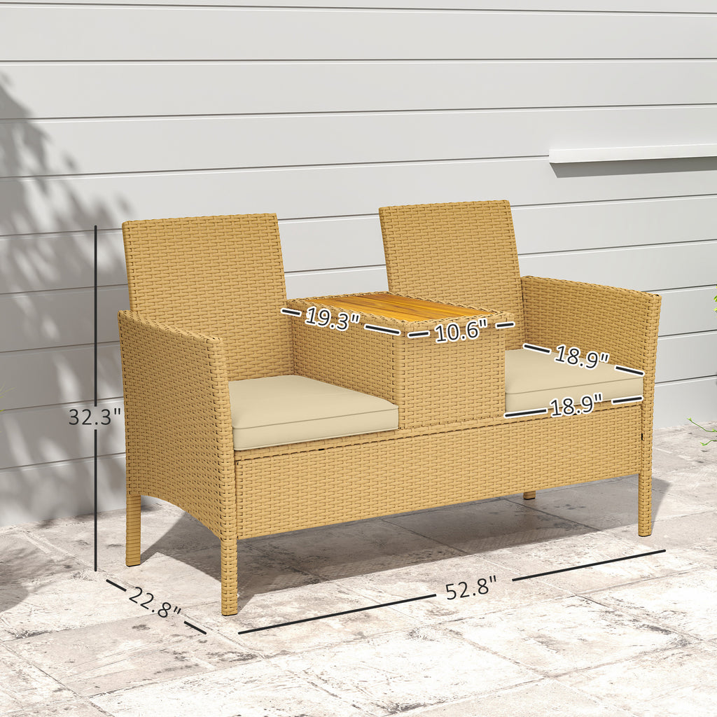 VINSETTO Rattan Patio Loveseat Sofa with Built-in Coffee Table - Khaki Outdoor Lounge Chair Set
