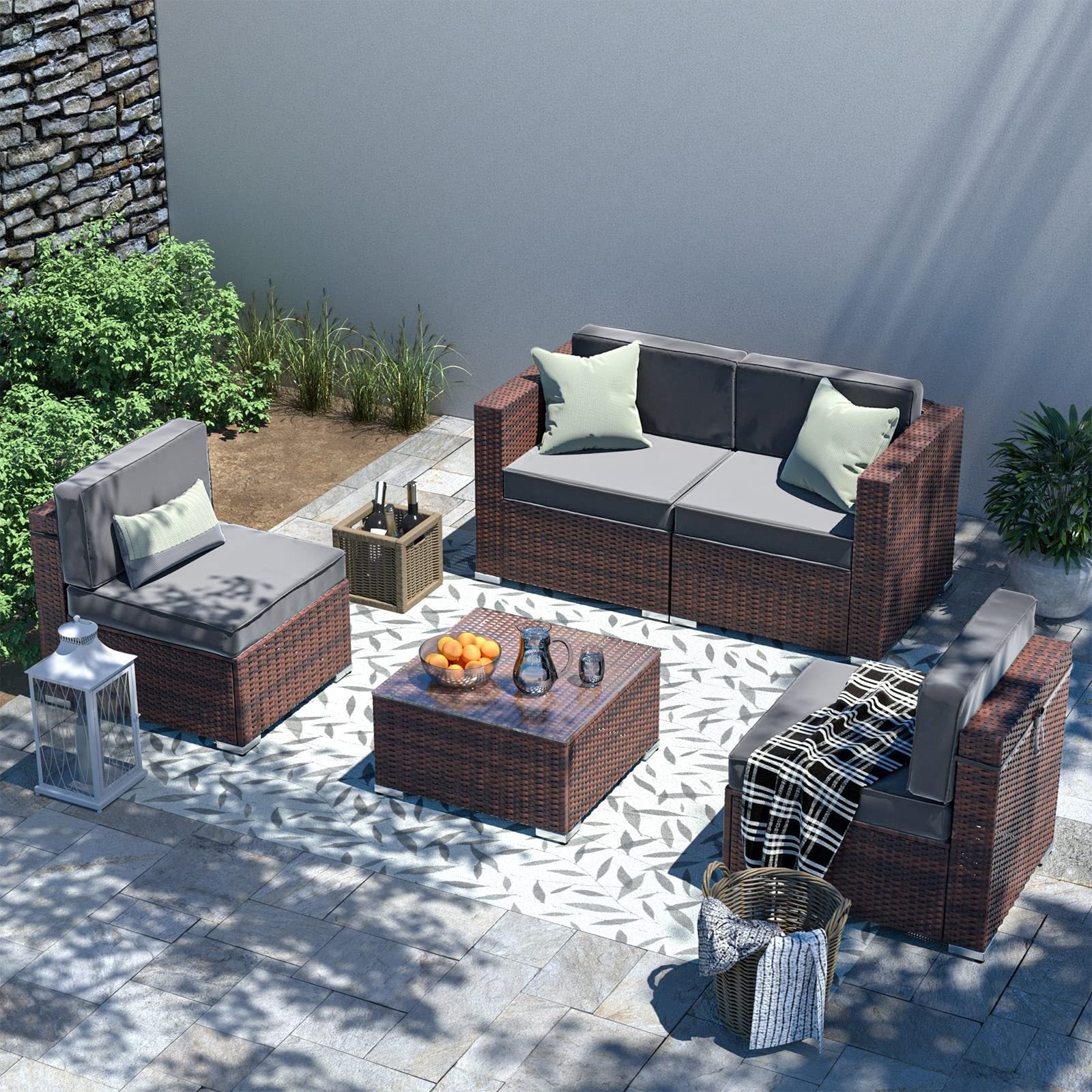 YOUDENOVA 5pcs Outdoor Sectional Sofa with Tea Table and Ottoman