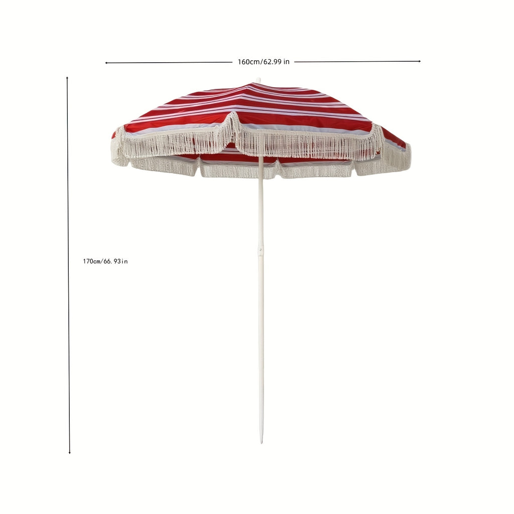 Boho Chic Red & White Striped Tassel Umbrella - Manual Open