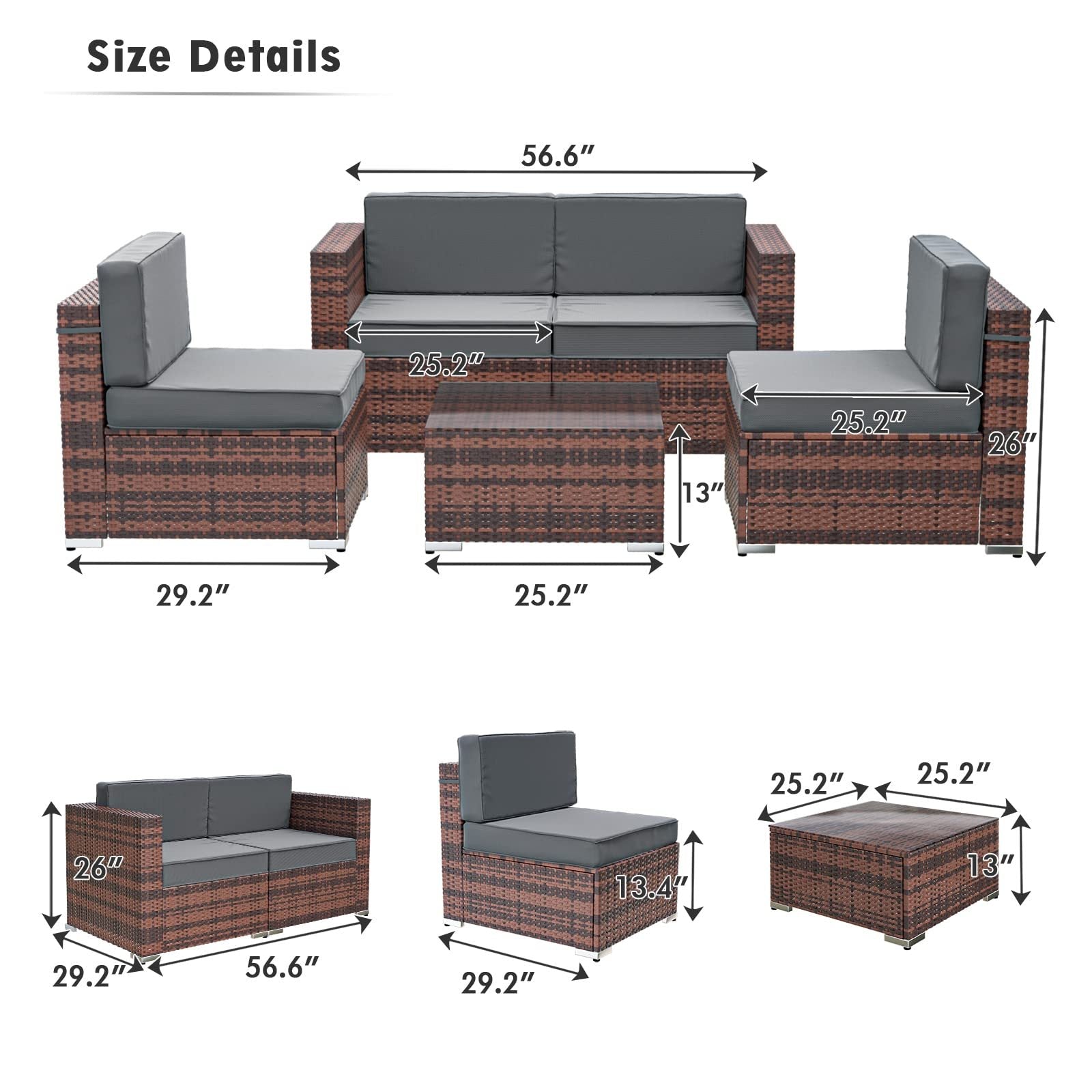 YOUDENOVA 5pcs Outdoor Sectional Sofa with Tea Table and Ottoman