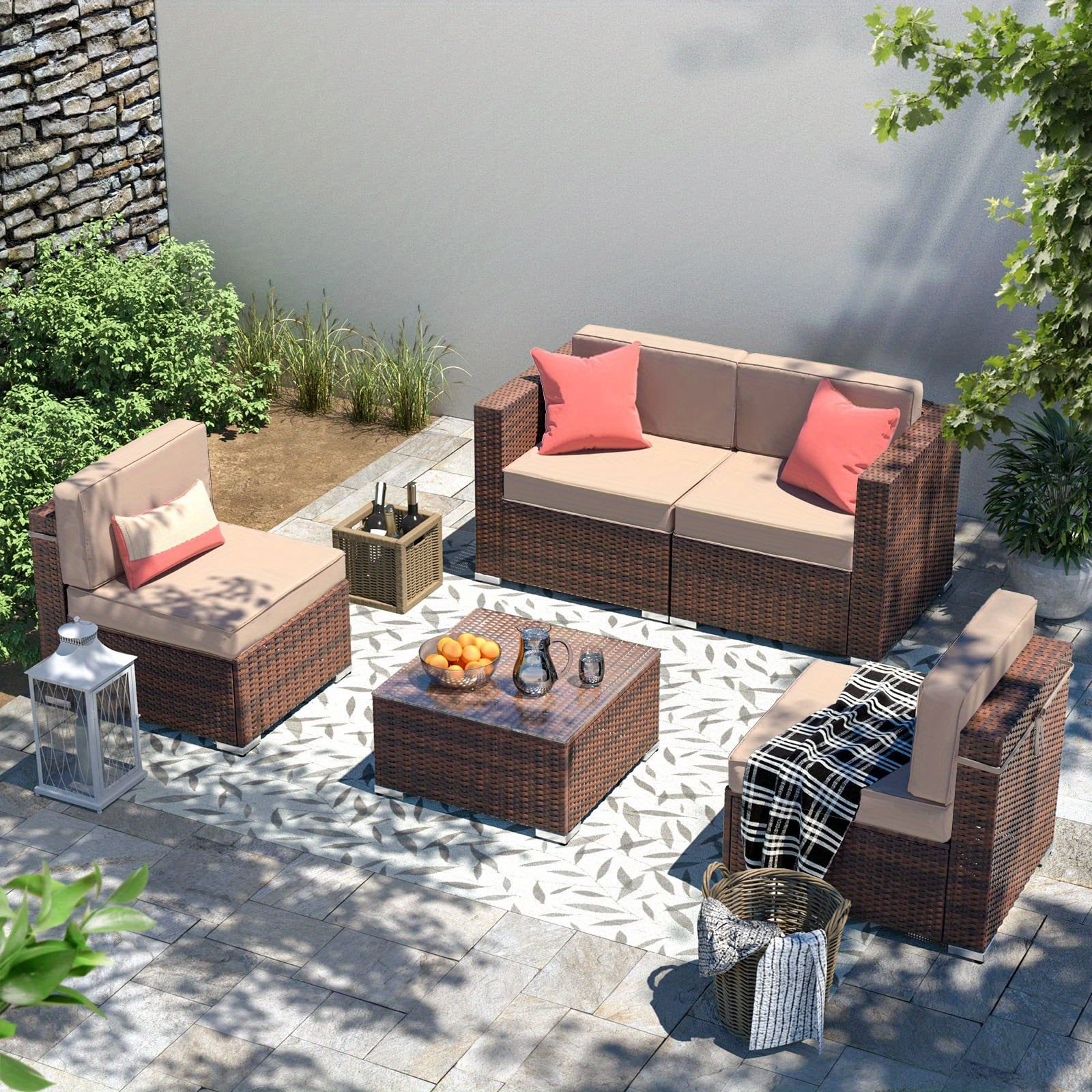 YOUDENOVA 5pcs Outdoor Sectional Sofa with Tea Table and Ottoman