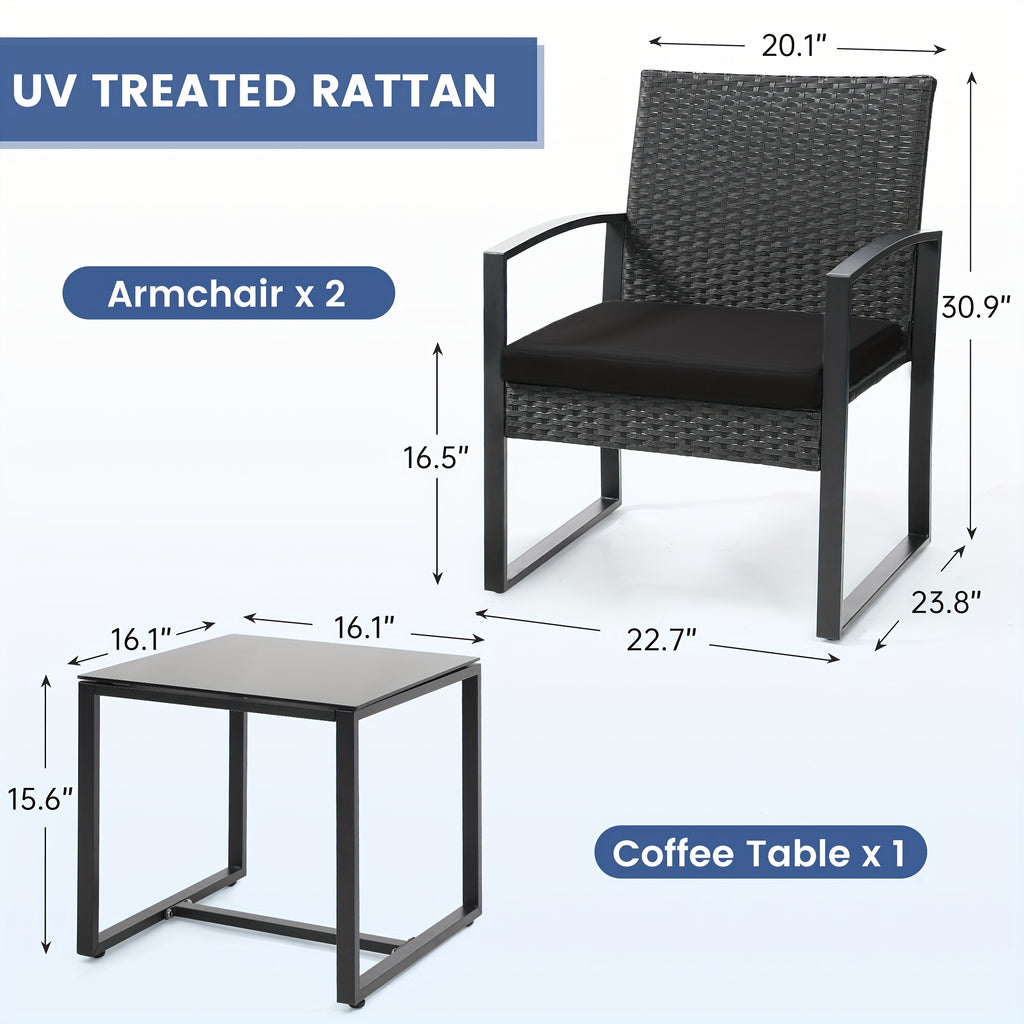 Outdoor Patio Furniture Set, Rattan 3pcs Bistro Set with Tempered Glass Table