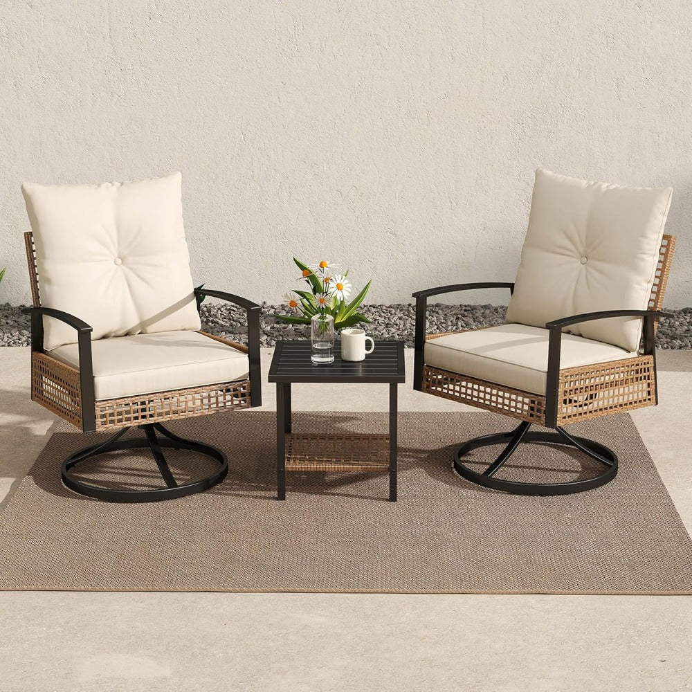 2pcs Outdoor Swivel Chairs with 1 Coffee Table, Set with Armrests