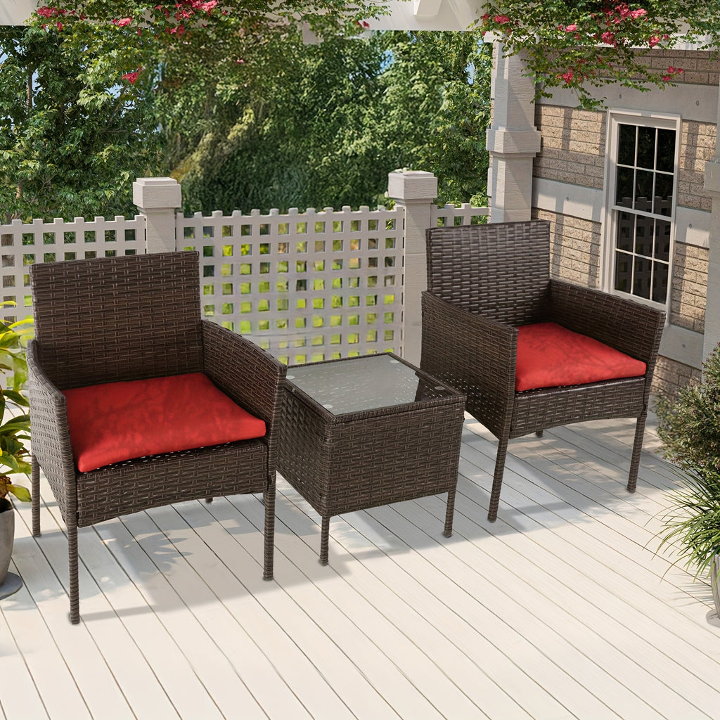 3pcs Outdoor Rattan Bistro Set: 2 Chairs with Cushions & Safety Glass Table for Patio