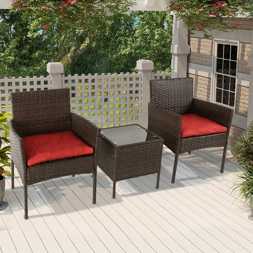 3pcs Outdoor Rattan Bistro Set: 2 Chairs with Cushions & Safety Glass Table for Patio