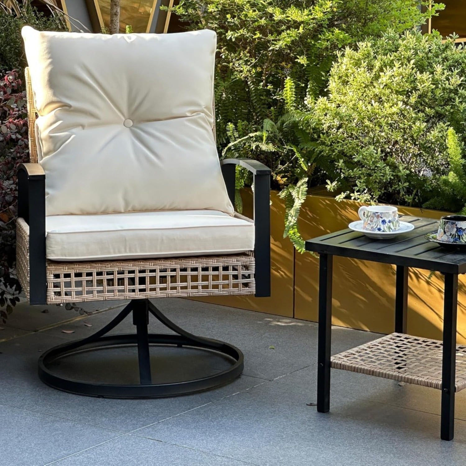 2pcs Outdoor Swivel Chairs with 1 Coffee Table, Set with Armrests