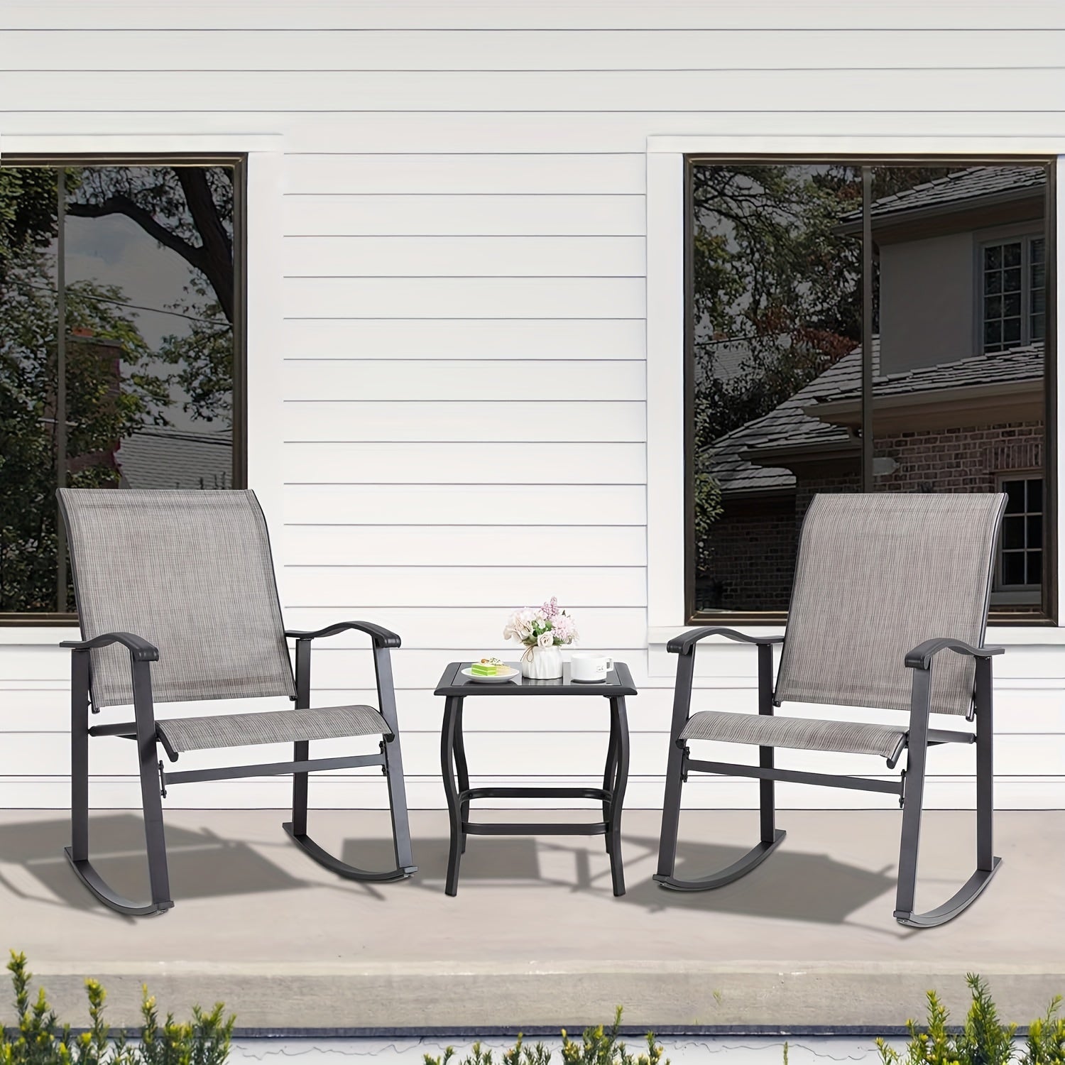 Jamfly 3pcs White Metal Rocking Bistro Set with Glass Coffee Table & Rocker Chairs