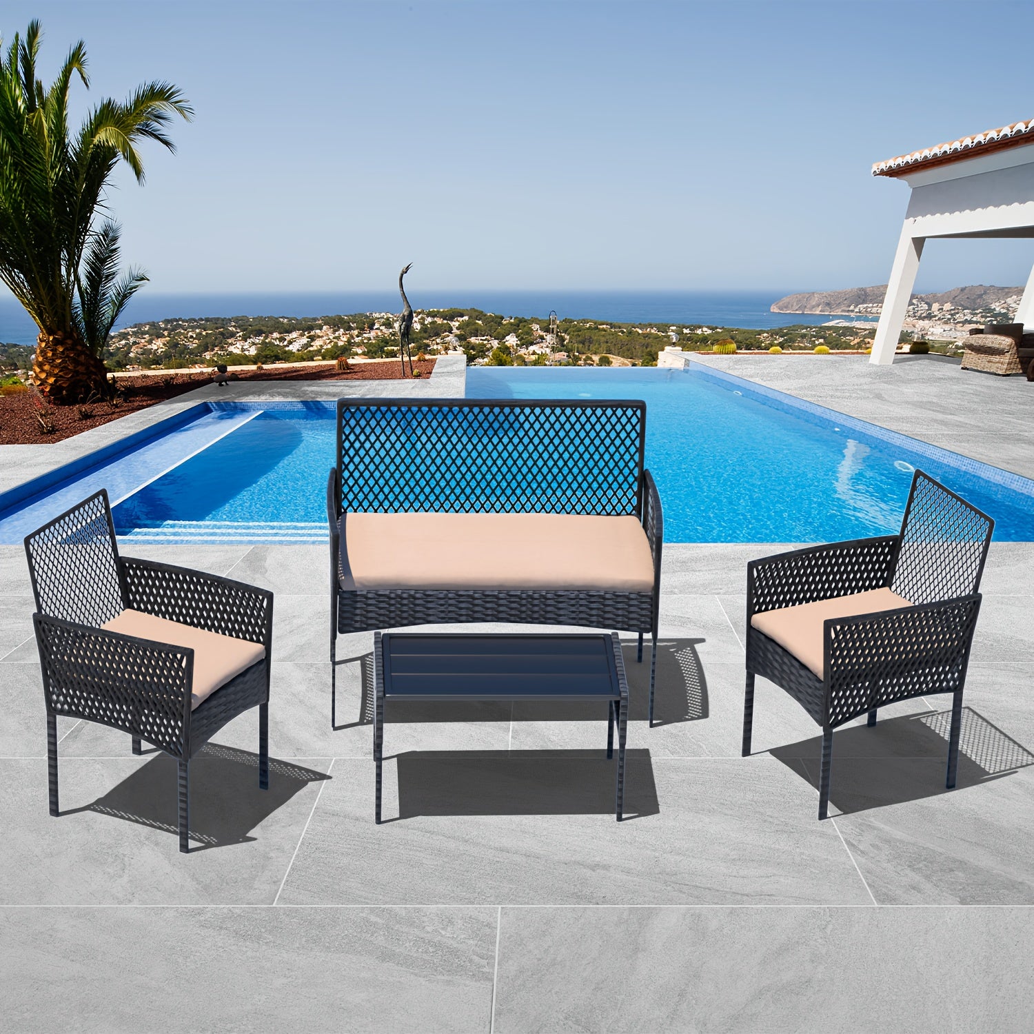 4pcs Outdoor Patio Furniture Set with Cushions & Coffee Table