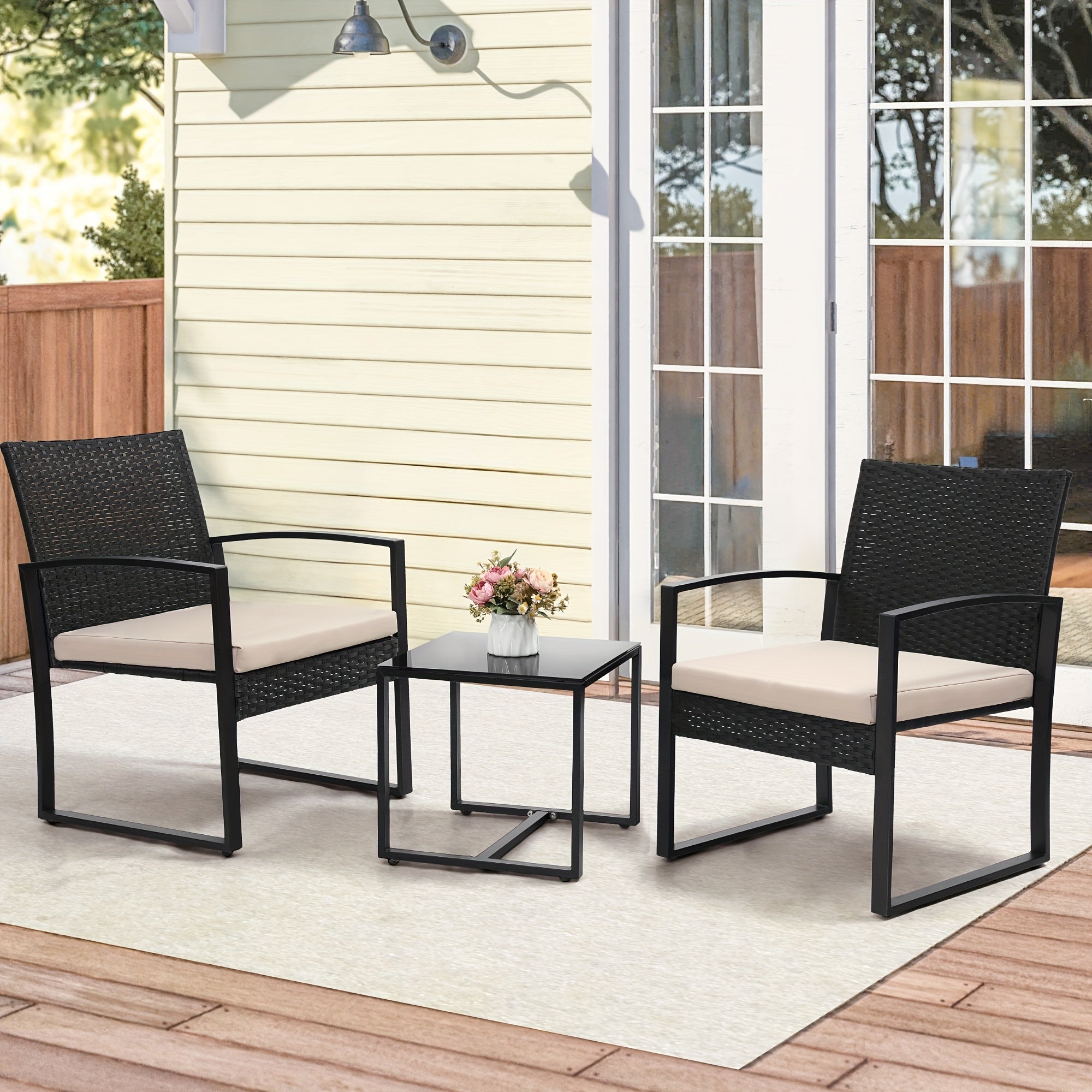 Outdoor Patio Furniture Set, Wicker for 3 People Conversation Set Includes 2 Waterproof Chairs