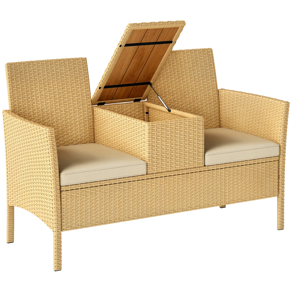 VINSETTO Rattan Patio Loveseat Sofa with Built-in Coffee Table - Khaki Outdoor Lounge Chair Set