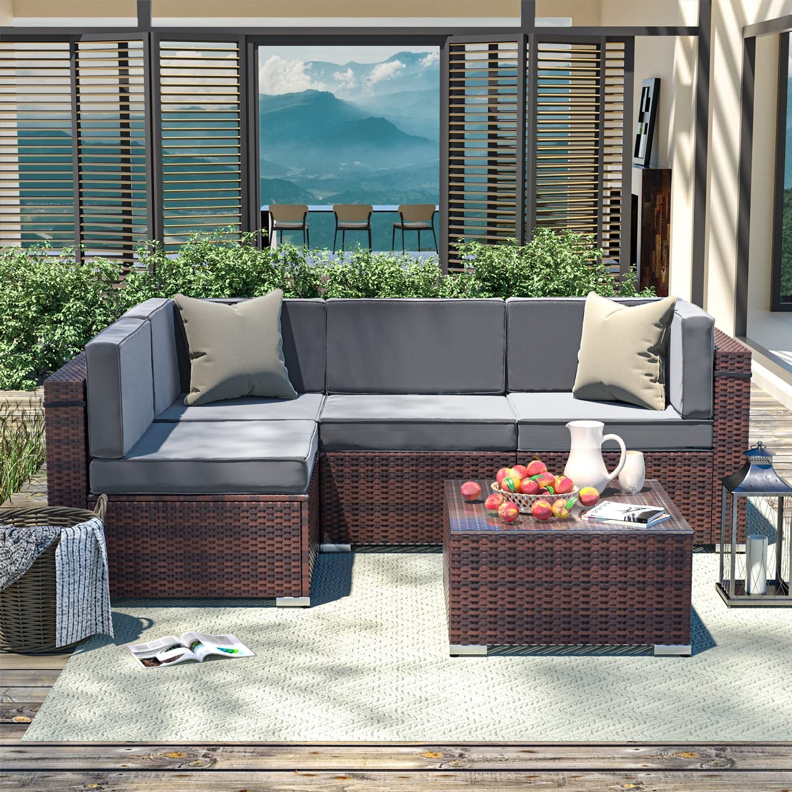 YOUDENOVA 5pcs Outdoor Sectional Sofa with Tea Table and Ottoman
