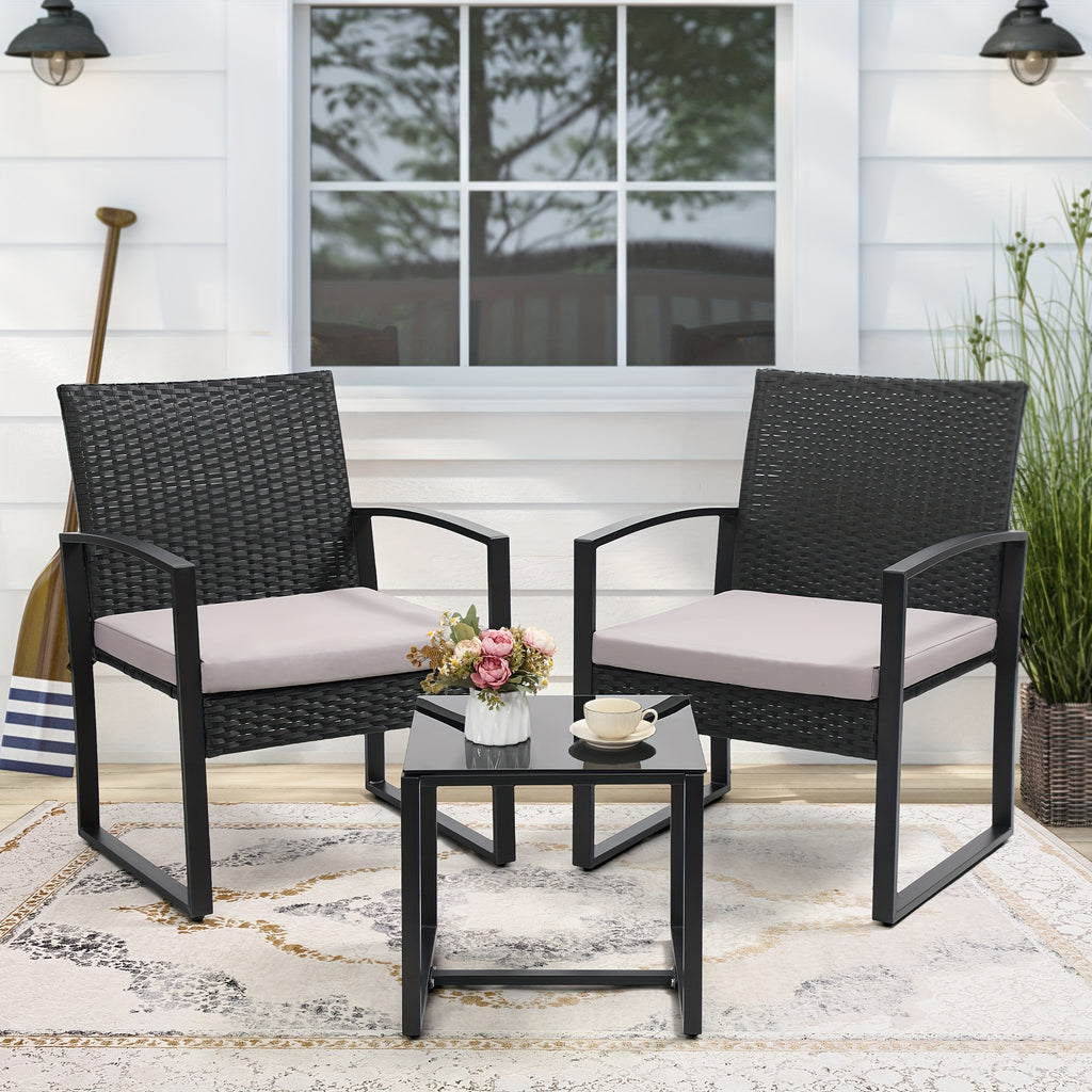 Outdoor Patio Furniture Set, Rattan 3pcs Bistro Set with Tempered Glass Table
