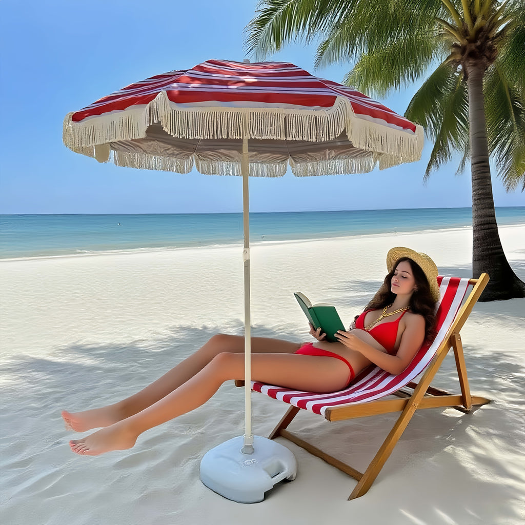 Boho Chic Red & White Striped Tassel Umbrella - Manual Open