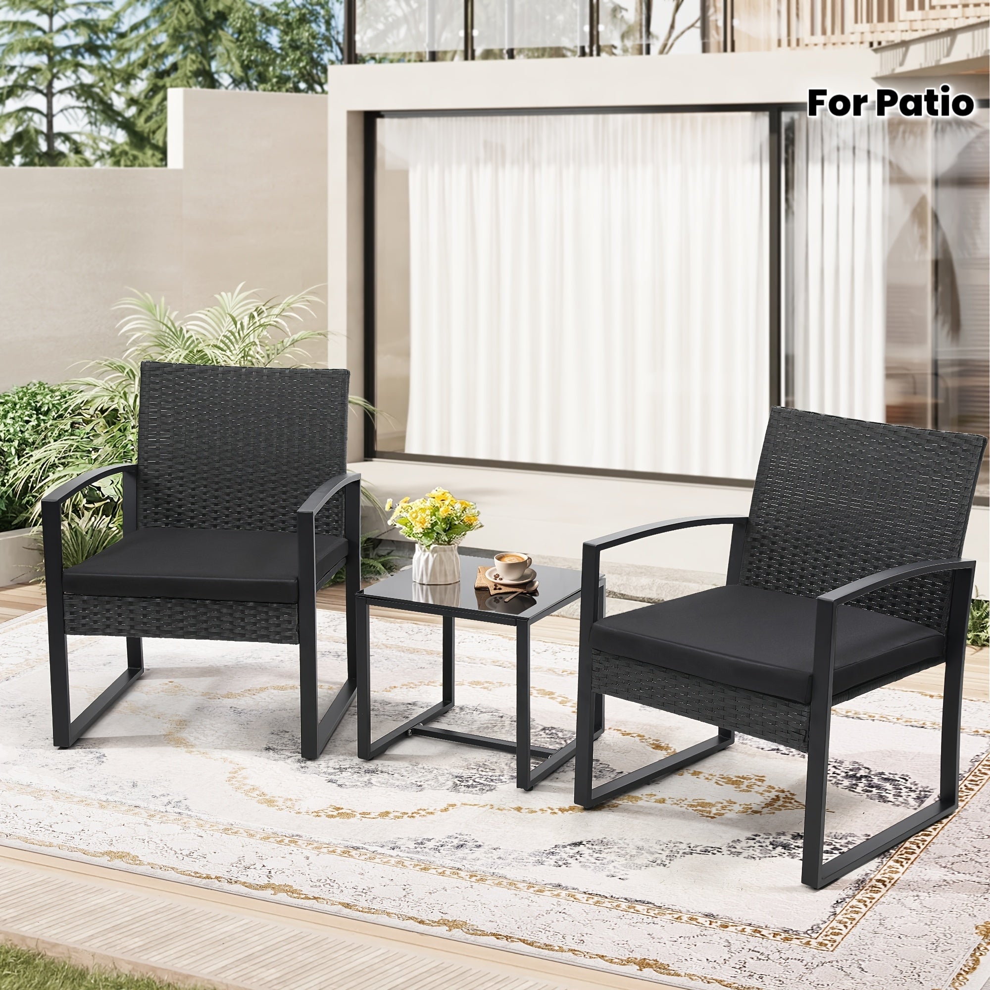 Outdoor Patio Furniture Set, Wicker for 3 People Conversation Set Includes 2 Waterproof Chairs
