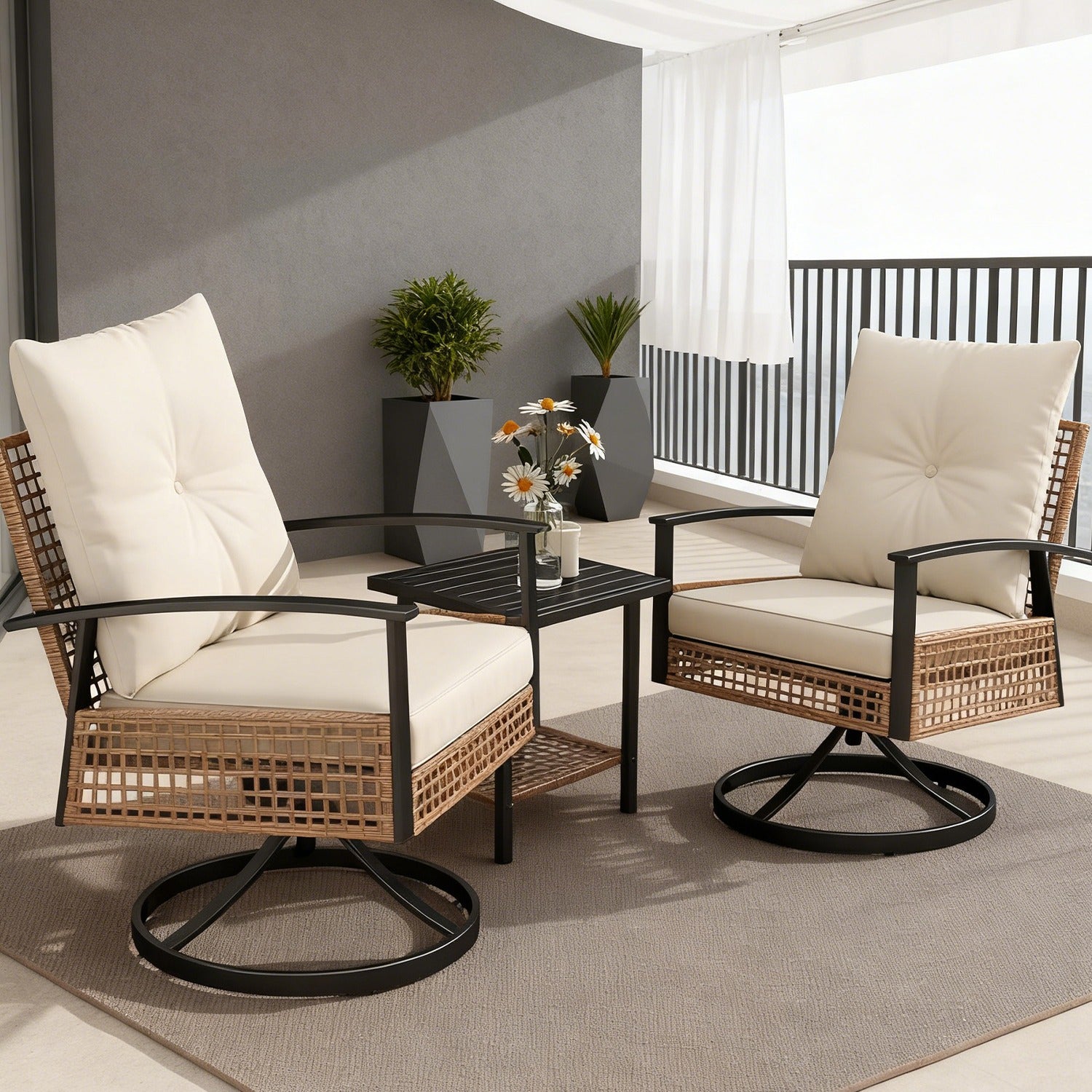 2pcs Outdoor Swivel Chairs with 1 Coffee Table, Set with Armrests